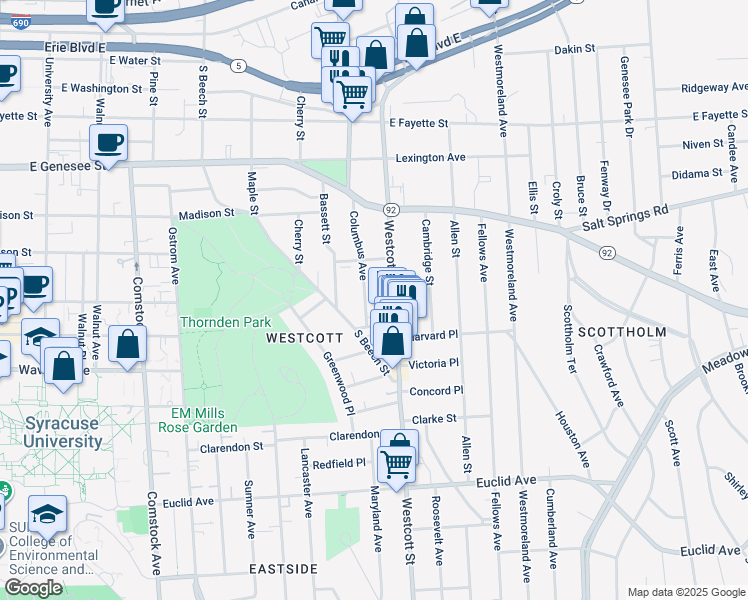 map of restaurants, bars, coffee shops, grocery stores, and more near 553 Columbus Avenue in Syracuse