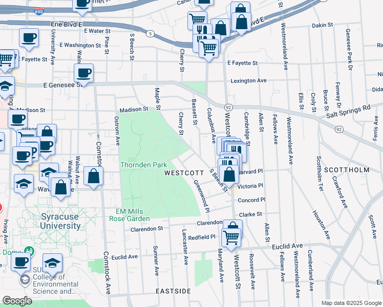map of restaurants, bars, coffee shops, grocery stores, and more near 620 South Beech Street in Syracuse