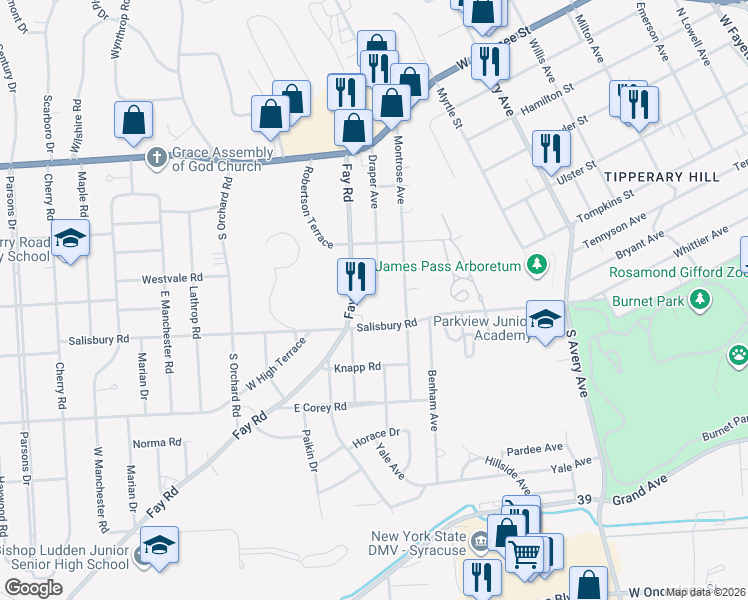 map of restaurants, bars, coffee shops, grocery stores, and more near 331 Fay Road in Syracuse