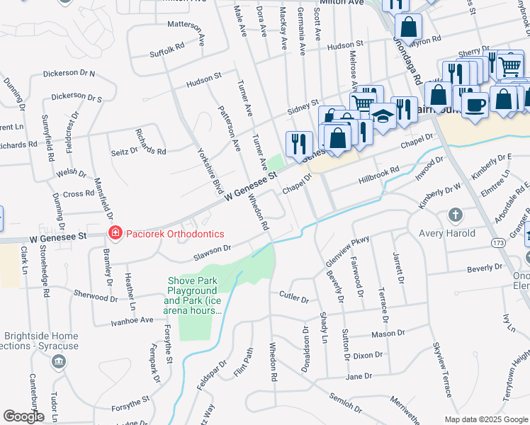 map of restaurants, bars, coffee shops, grocery stores, and more near 100 Whedon Road in Syracuse