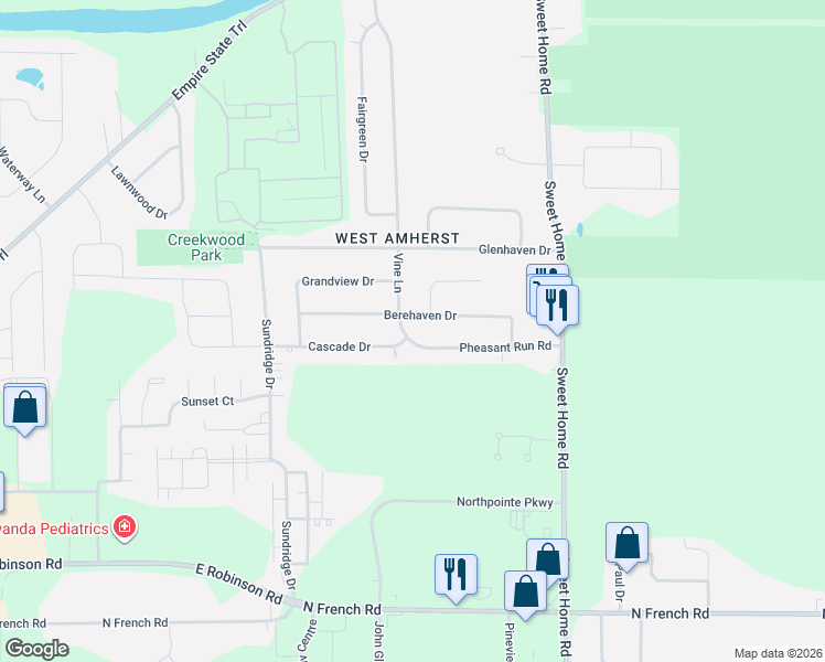 map of restaurants, bars, coffee shops, grocery stores, and more near 142 Pheasant Run Road in Buffalo