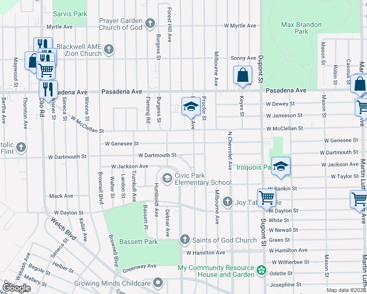 map of restaurants, bars, coffee shops, grocery stores, and more near 1314 West Dartmouth Street in Flint