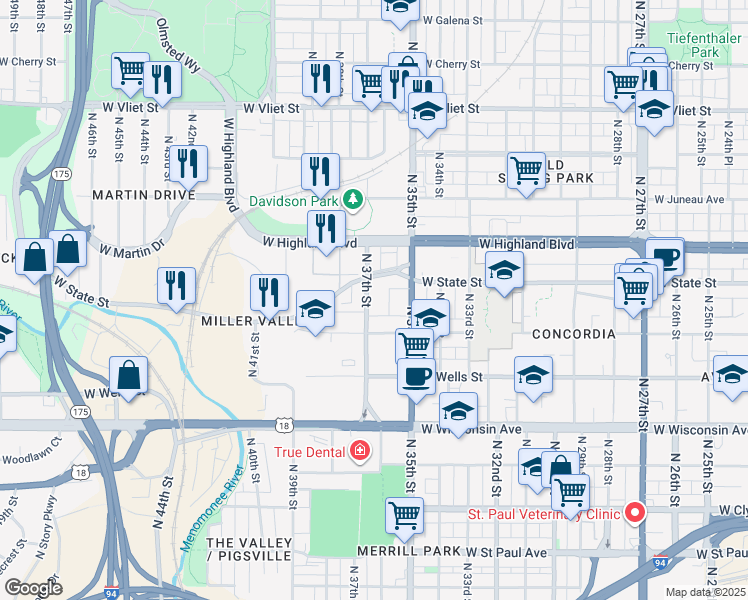 map of restaurants, bars, coffee shops, grocery stores, and more near 937 North 37th Street in Milwaukee