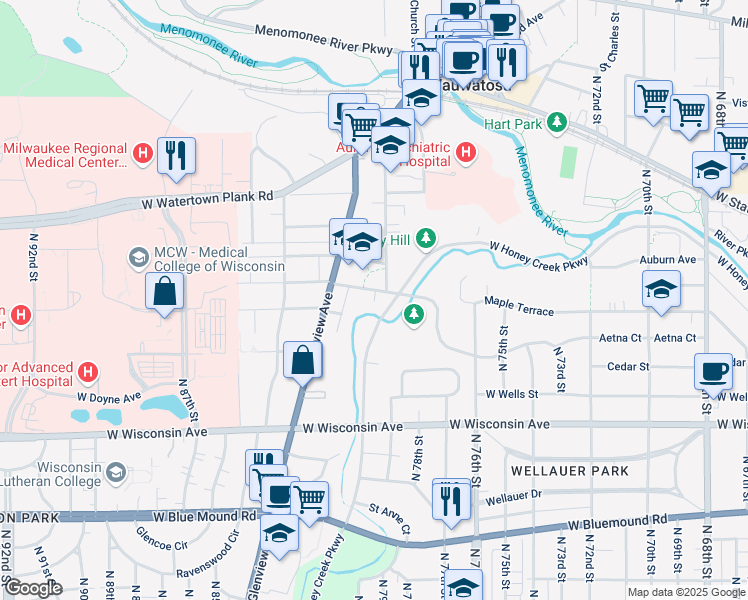 map of restaurants, bars, coffee shops, grocery stores, and more near 7907 Portland Avenue in Wauwatosa