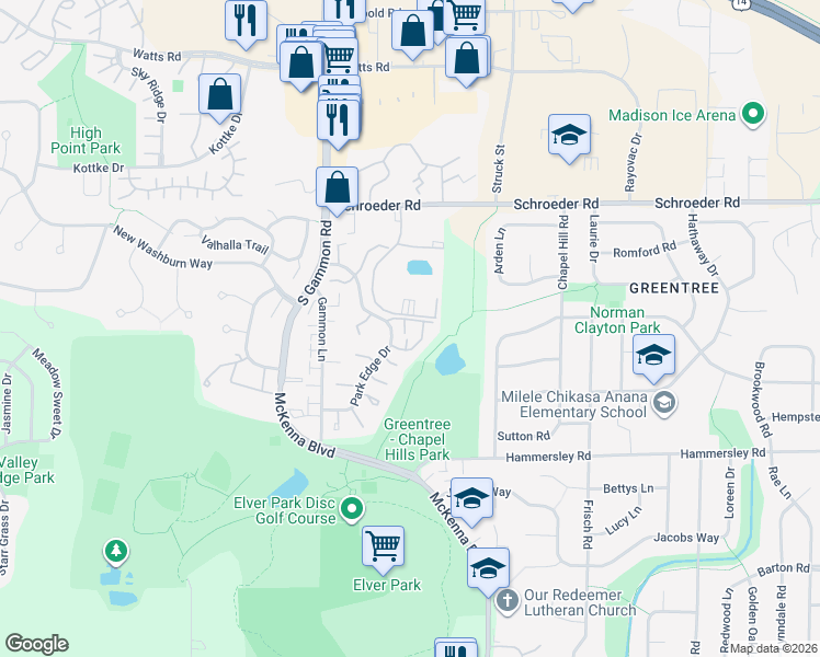 map of restaurants, bars, coffee shops, grocery stores, and more near 6710 Park Ridge Drive in Madison