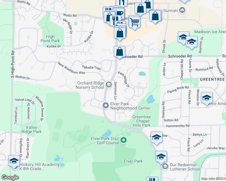 map of restaurants, bars, coffee shops, grocery stores, and more near 1026 Gammon Lane in Madison