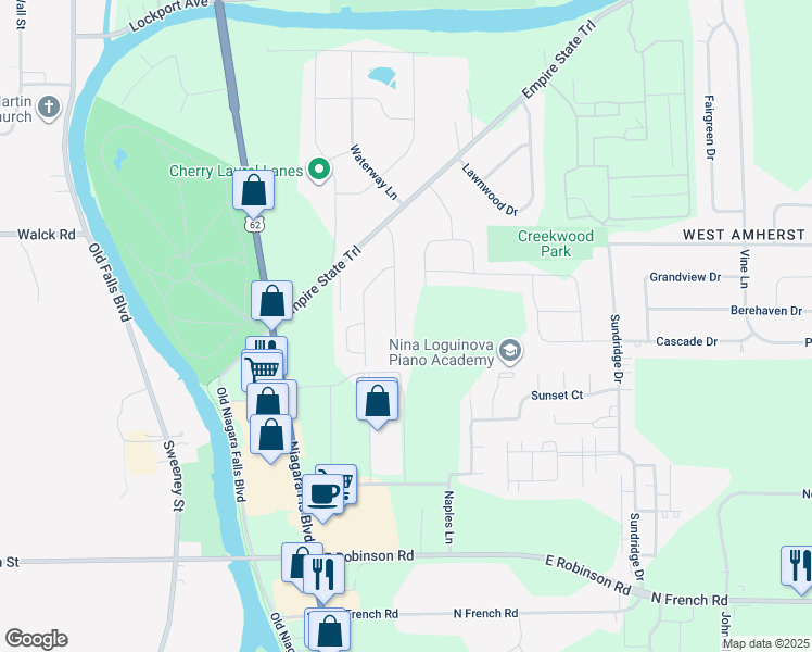 map of restaurants, bars, coffee shops, grocery stores, and more near 114 East Summerset Lane in Buffalo