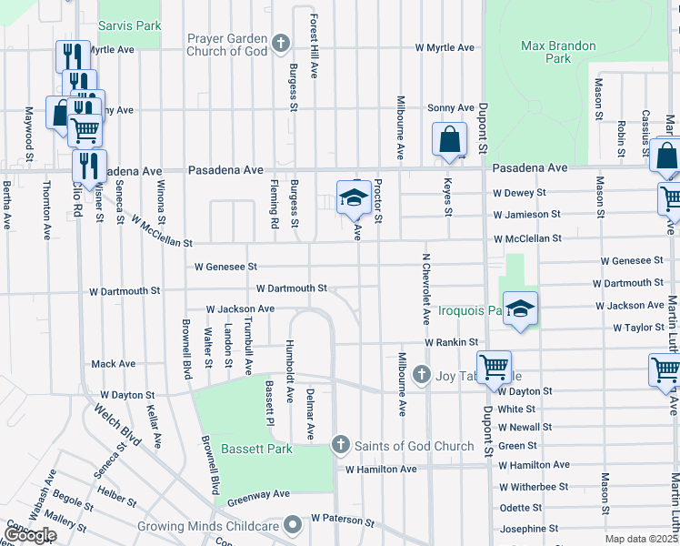 map of restaurants, bars, coffee shops, grocery stores, and more near 1314 West Dartmouth Street in Flint