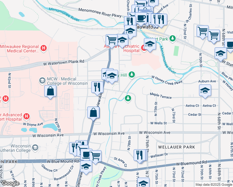 map of restaurants, bars, coffee shops, grocery stores, and more near 7907 Portland Avenue in Wauwatosa