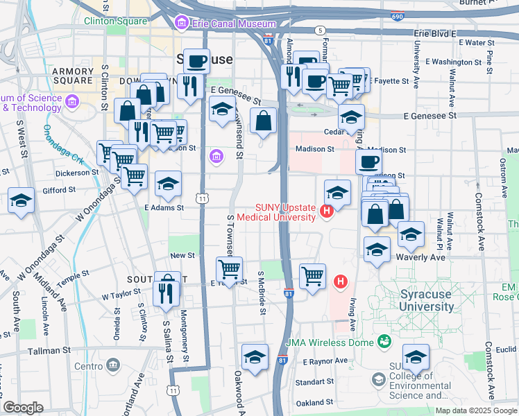 map of restaurants, bars, coffee shops, grocery stores, and more near South McBride Street in Syracuse