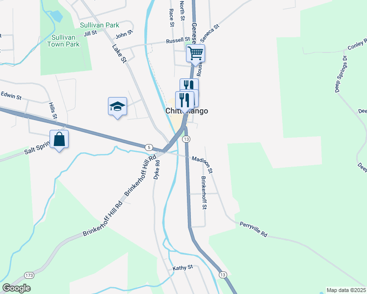 map of restaurants, bars, coffee shops, grocery stores, and more near 124 Falls Boulevard in Chittenango