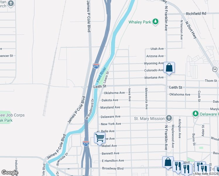 map of restaurants, bars, coffee shops, grocery stores, and more near 1422 Leith Street in Flint