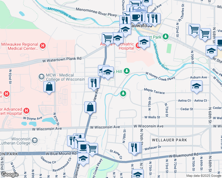 map of restaurants, bars, coffee shops, grocery stores, and more near 7907 Portland Avenue in Wauwatosa