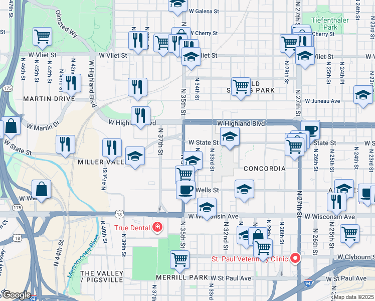 map of restaurants, bars, coffee shops, grocery stores, and more near 932 North 35th Street in Milwaukee