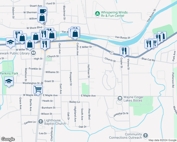 map of restaurants, bars, coffee shops, grocery stores, and more near 374 East Myrtle Avenue in Newark