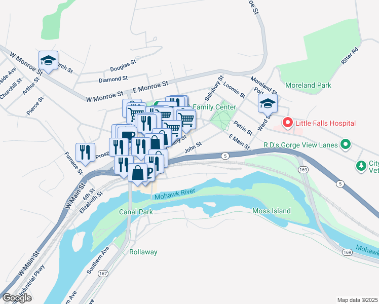 map of restaurants, bars, coffee shops, grocery stores, and more near 573 5 John Street in Little Falls