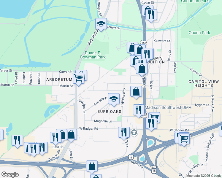 map of restaurants, bars, coffee shops, grocery stores, and more near 929 Ridgewood Way in Madison
