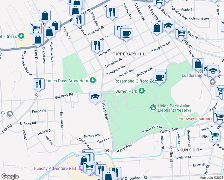 map of restaurants, bars, coffee shops, grocery stores, and more near 399 Coleridge Avenue in Syracuse