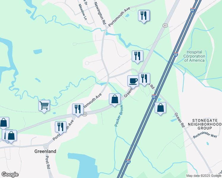 map of restaurants, bars, coffee shops, grocery stores, and more near 309 Portsmouth Avenue in Greenland