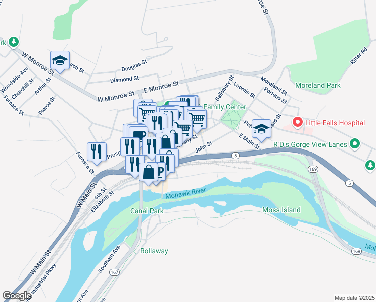 map of restaurants, bars, coffee shops, grocery stores, and more near 573 5 John Street in Little Falls