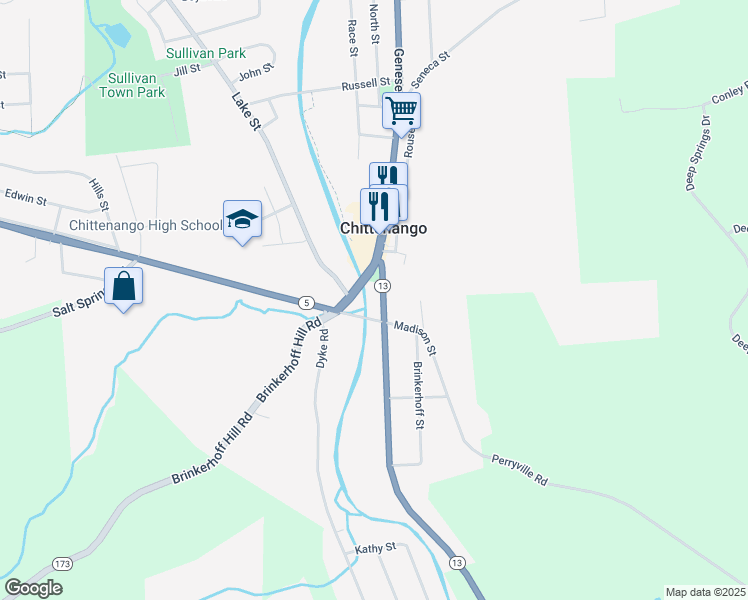 map of restaurants, bars, coffee shops, grocery stores, and more near 115 Madison Street in Chittenango