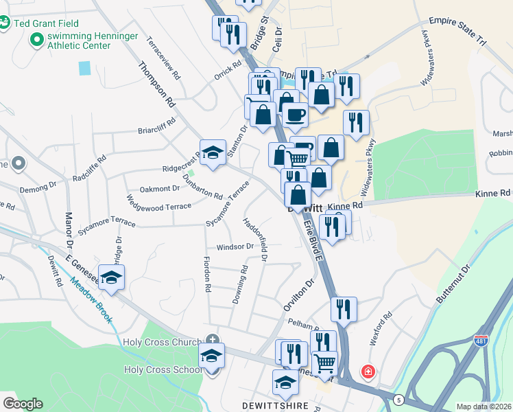 map of restaurants, bars, coffee shops, grocery stores, and more near 111 Haddonfield Drive in Syracuse