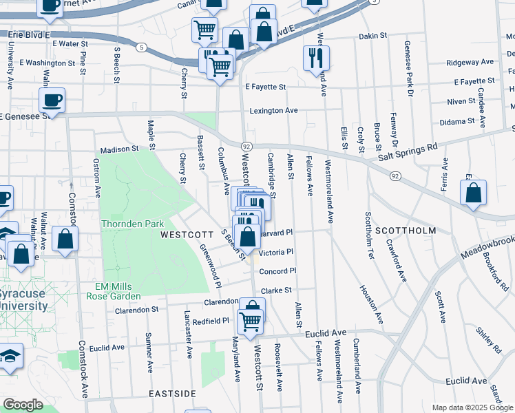 map of restaurants, bars, coffee shops, grocery stores, and more near 453 Westcott Street in Syracuse