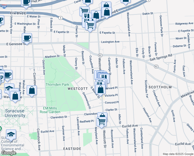 map of restaurants, bars, coffee shops, grocery stores, and more near 553 Columbus Avenue in Syracuse