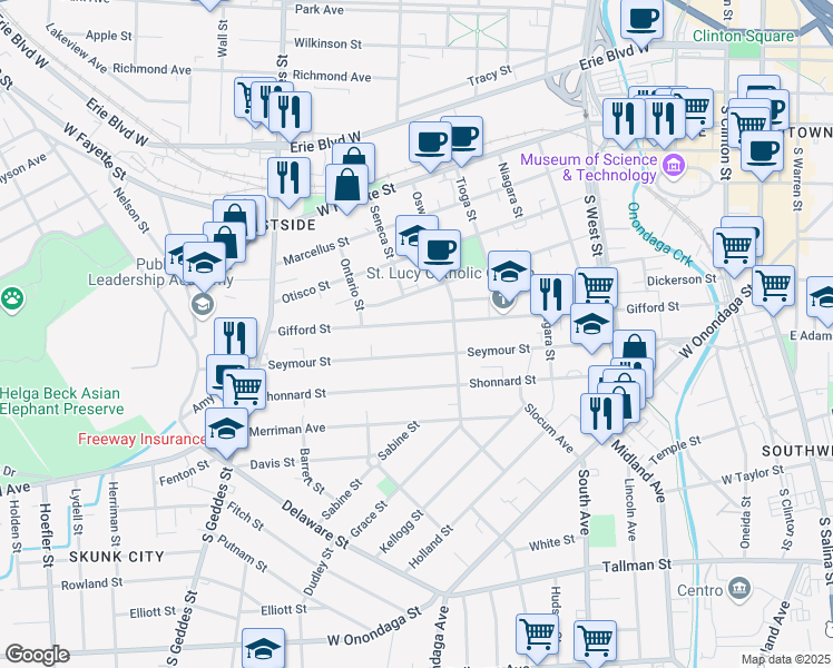 map of restaurants, bars, coffee shops, grocery stores, and more near 424 Seymour Street in Syracuse