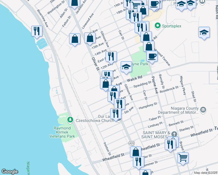 map of restaurants, bars, coffee shops, grocery stores, and more near 756 Oliver Street in North Tonawanda