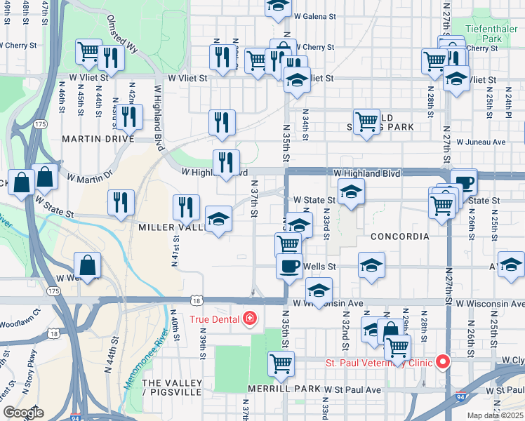 map of restaurants, bars, coffee shops, grocery stores, and more near 926R North 37th Street in Milwaukee