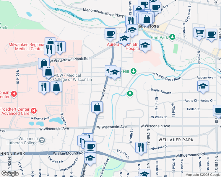 map of restaurants, bars, coffee shops, grocery stores, and more near 8007 Portland Avenue in Wauwatosa