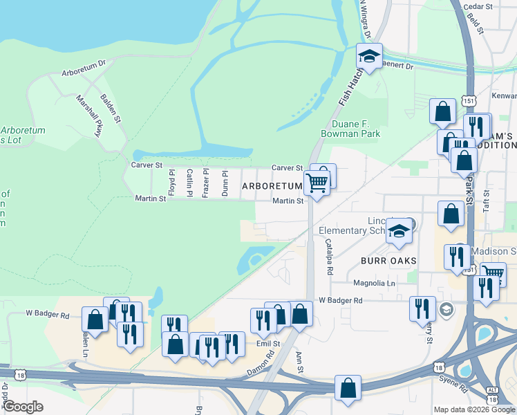 map of restaurants, bars, coffee shops, grocery stores, and more near 1505 Martin Street in Madison
