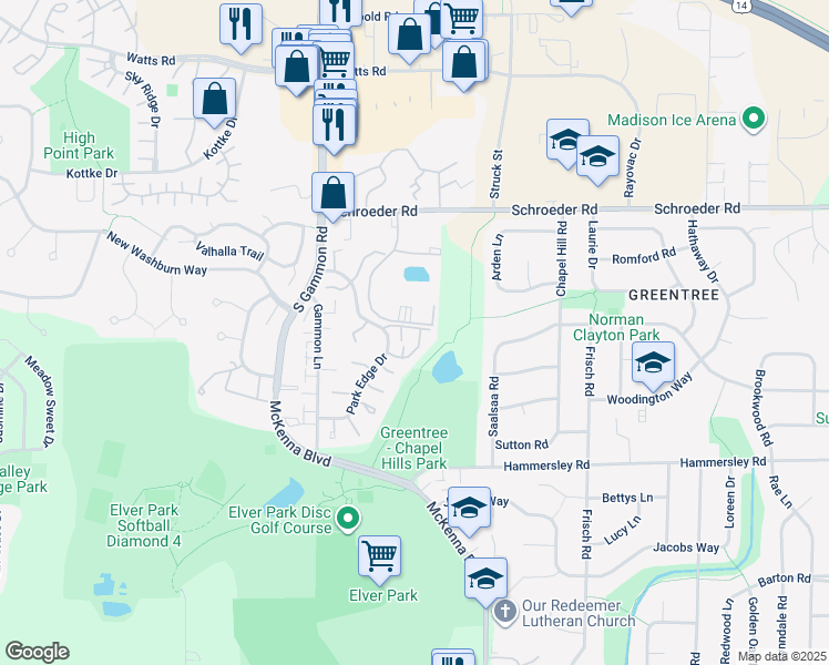 map of restaurants, bars, coffee shops, grocery stores, and more near 6772 Park Ridge Drive in Madison