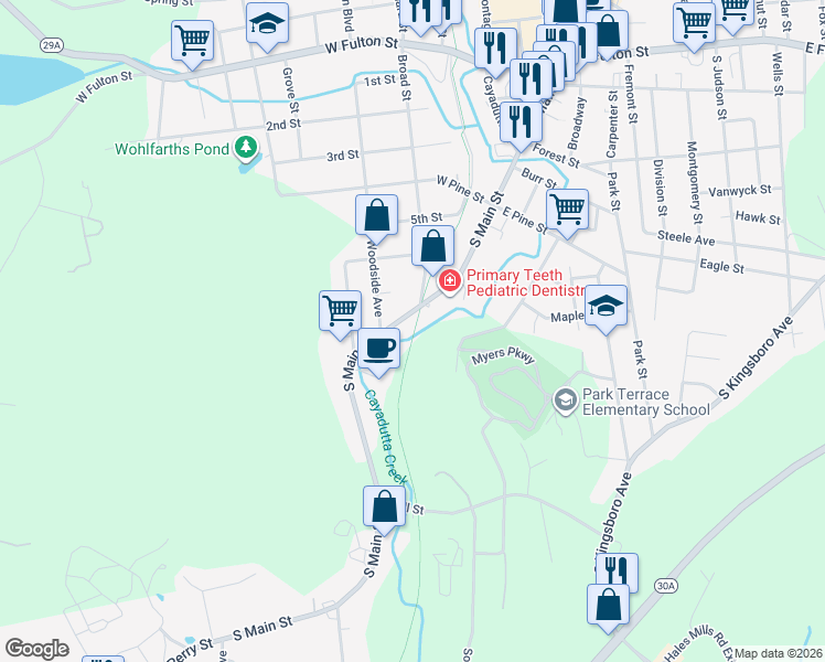 map of restaurants, bars, coffee shops, grocery stores, and more near 243 Fonda, Johnstown & Gloversville Rail Trail (FJ & G Rail Trail) in Gloversville
