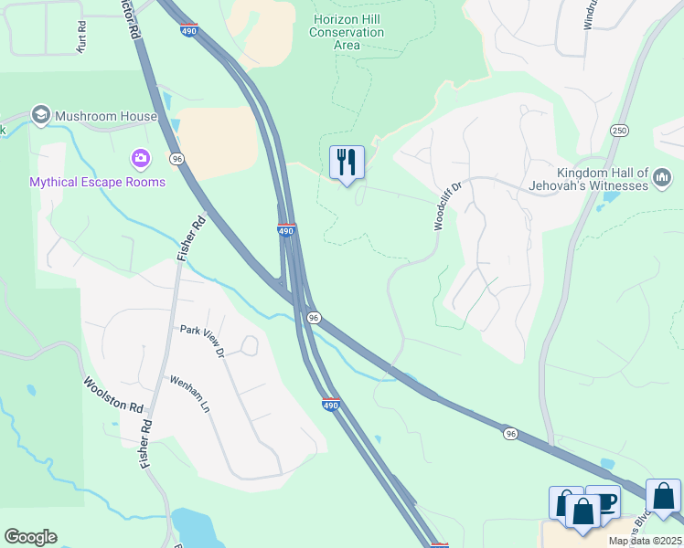 map of restaurants, bars, coffee shops, grocery stores, and more near 345 Woodcliff Drive in Fairport