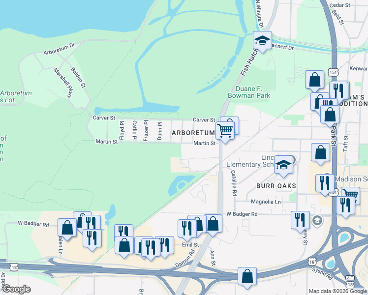 map of restaurants, bars, coffee shops, grocery stores, and more near 1505 Martin Street in Madison