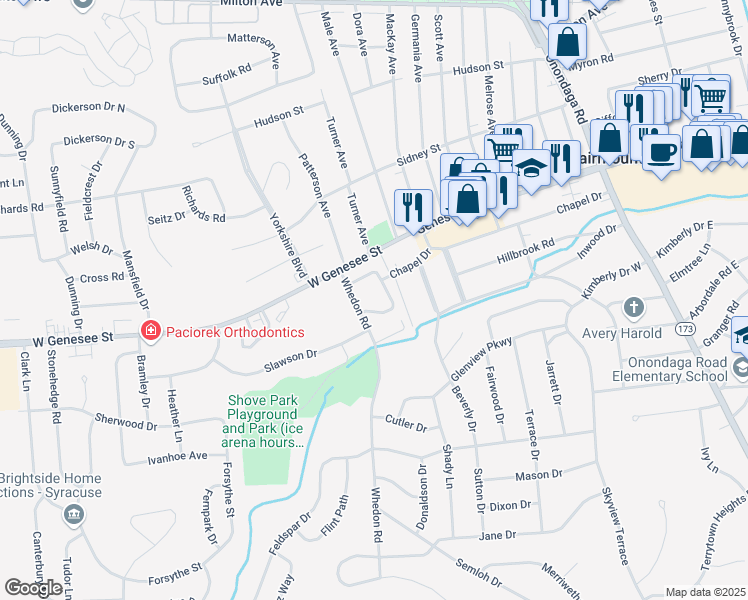 map of restaurants, bars, coffee shops, grocery stores, and more near 101-117 Whedon Road in Syracuse