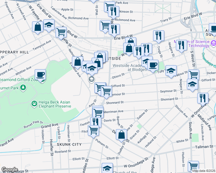 map of restaurants, bars, coffee shops, grocery stores, and more near S Geddes St & Gifford St in Syracuse
