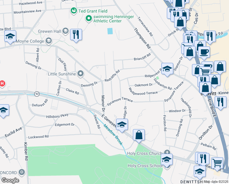 map of restaurants, bars, coffee shops, grocery stores, and more near 107 Hathaway Road in Syracuse
