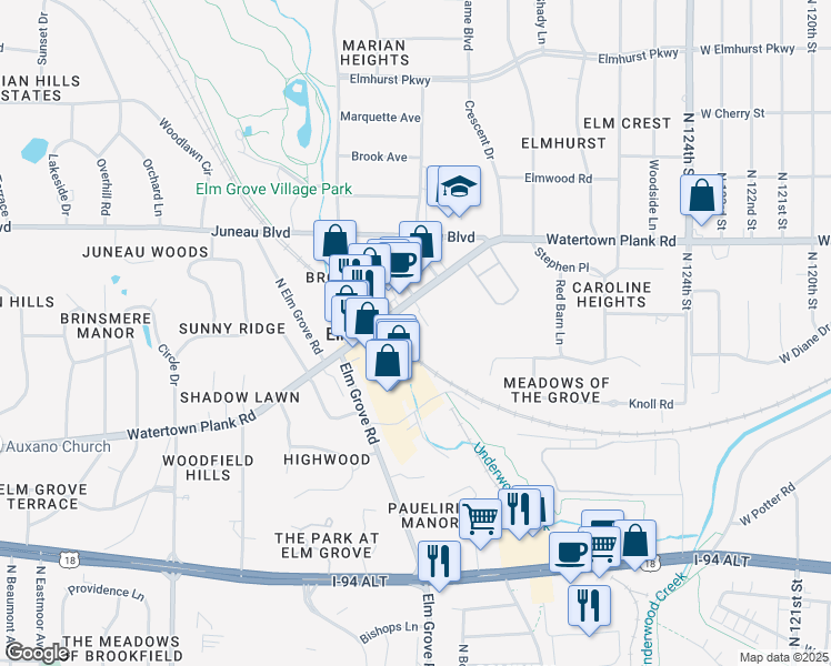 map of restaurants, bars, coffee shops, grocery stores, and more near 13335 Watertown Plank Road in Elm Grove