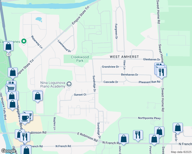 map of restaurants, bars, coffee shops, grocery stores, and more near 287 Sundridge Drive in Buffalo
