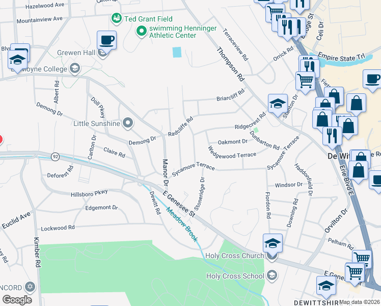 map of restaurants, bars, coffee shops, grocery stores, and more near 102 Revere Road in Syracuse