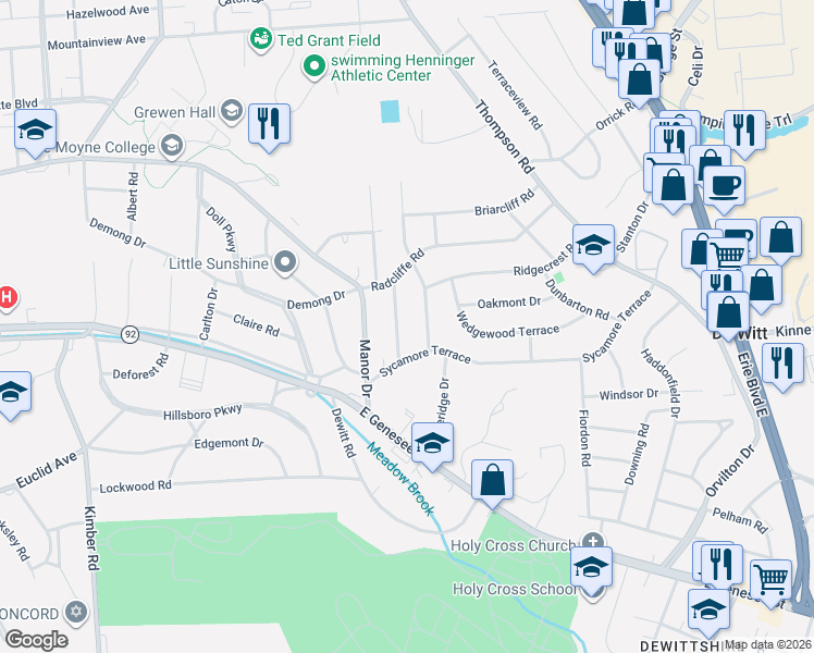map of restaurants, bars, coffee shops, grocery stores, and more near 107 Hathaway Road in Syracuse