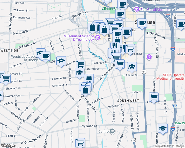 map of restaurants, bars, coffee shops, grocery stores, and more near 139-43 Seymour Street in Syracuse