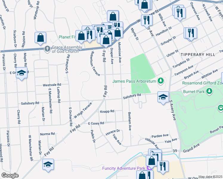 map of restaurants, bars, coffee shops, grocery stores, and more near 331 Fay Road in Syracuse