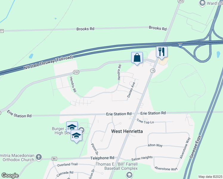 map of restaurants, bars, coffee shops, grocery stores, and more near 291 Hendrix Road in West Henrietta