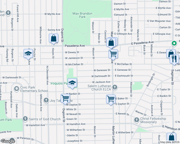 map of restaurants, bars, coffee shops, grocery stores, and more near 324 West Dartmouth Street in Flint