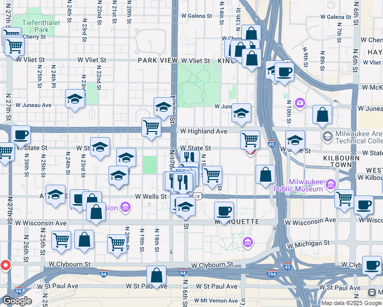 map of restaurants, bars, coffee shops, grocery stores, and more near 939 North 16th Street in Milwaukee