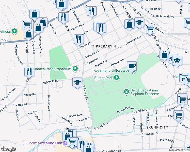 map of restaurants, bars, coffee shops, grocery stores, and more near 399 Coleridge Avenue in Syracuse